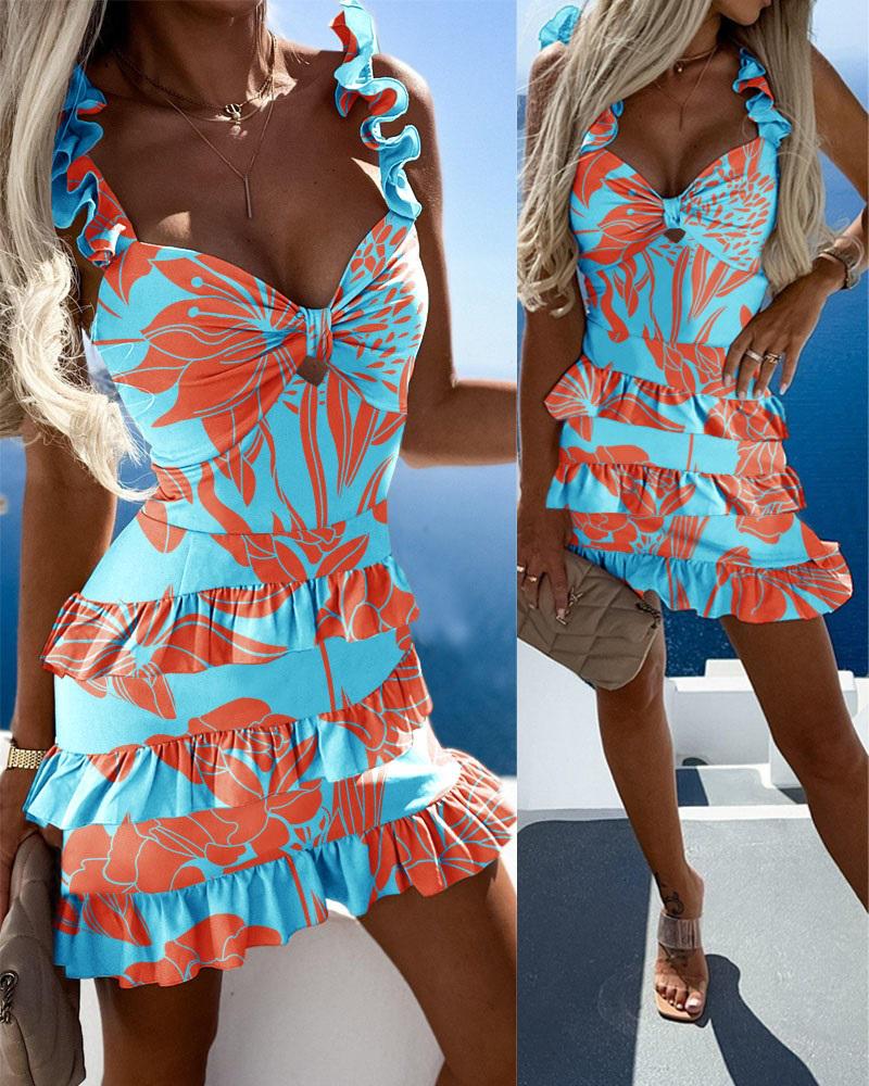 

Floral Print Twisted Ruffle Bodycon Dress, Lighted blue