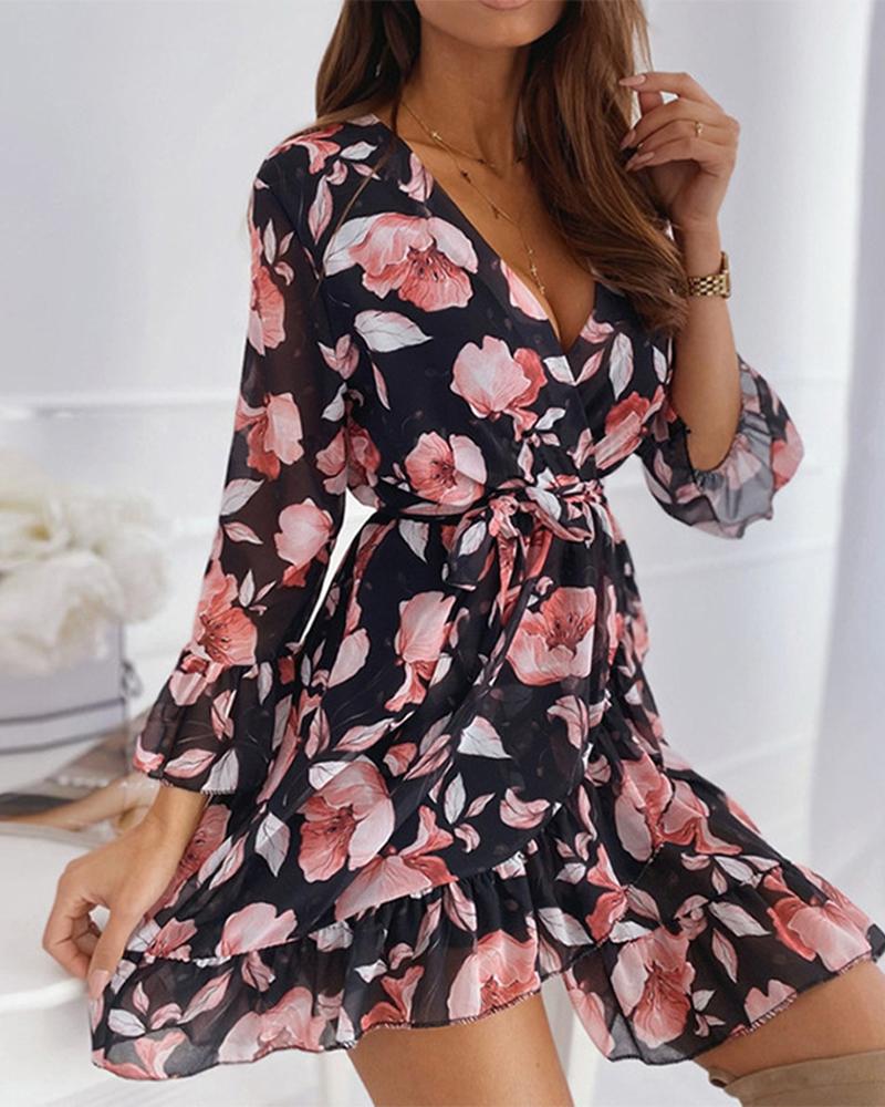 

Floral Print Bell Sleeve Ruffle Hem Wrap Dress, Black