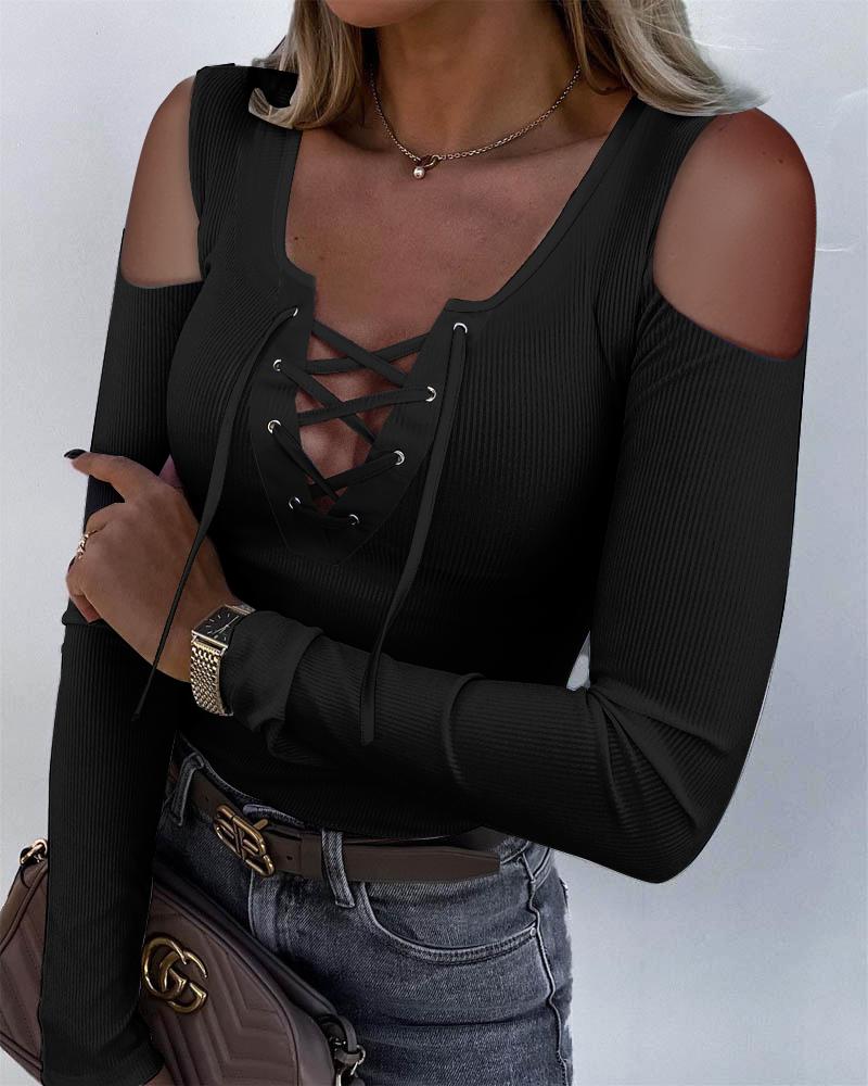 

Grommet Eyelet Lace-Up Cold Shoulder Ribbed Top, Black