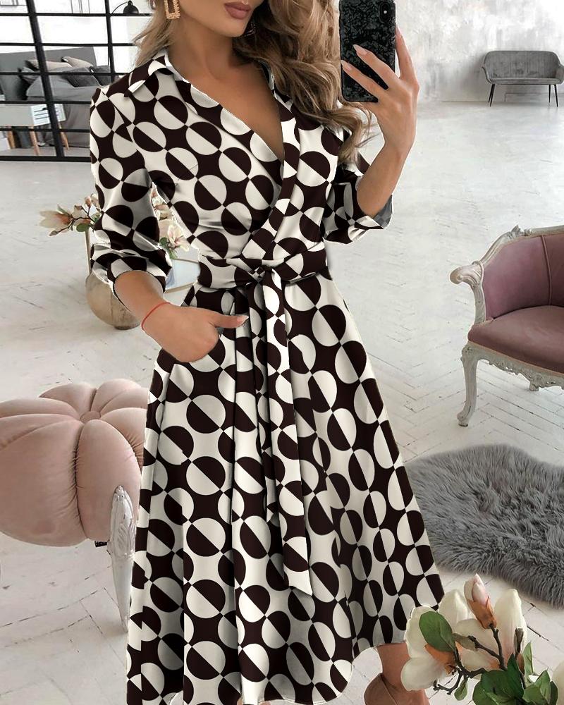 

Geo Pattern Print Colorblock Long Sleeve Wrap Dress, Black