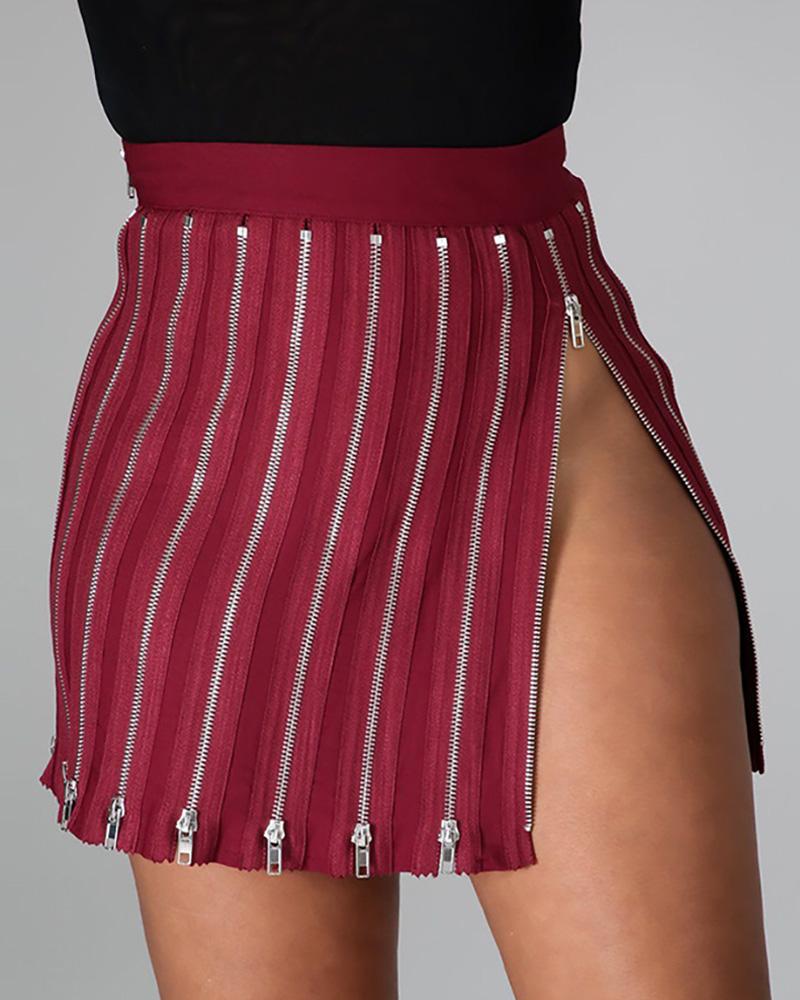 

High Waist Zipper Decor Skirt, Wine red