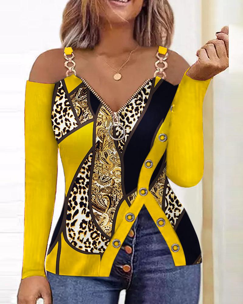 

Scarf Leopard Print Zip Detail Cold Shoulder Top, Yellow