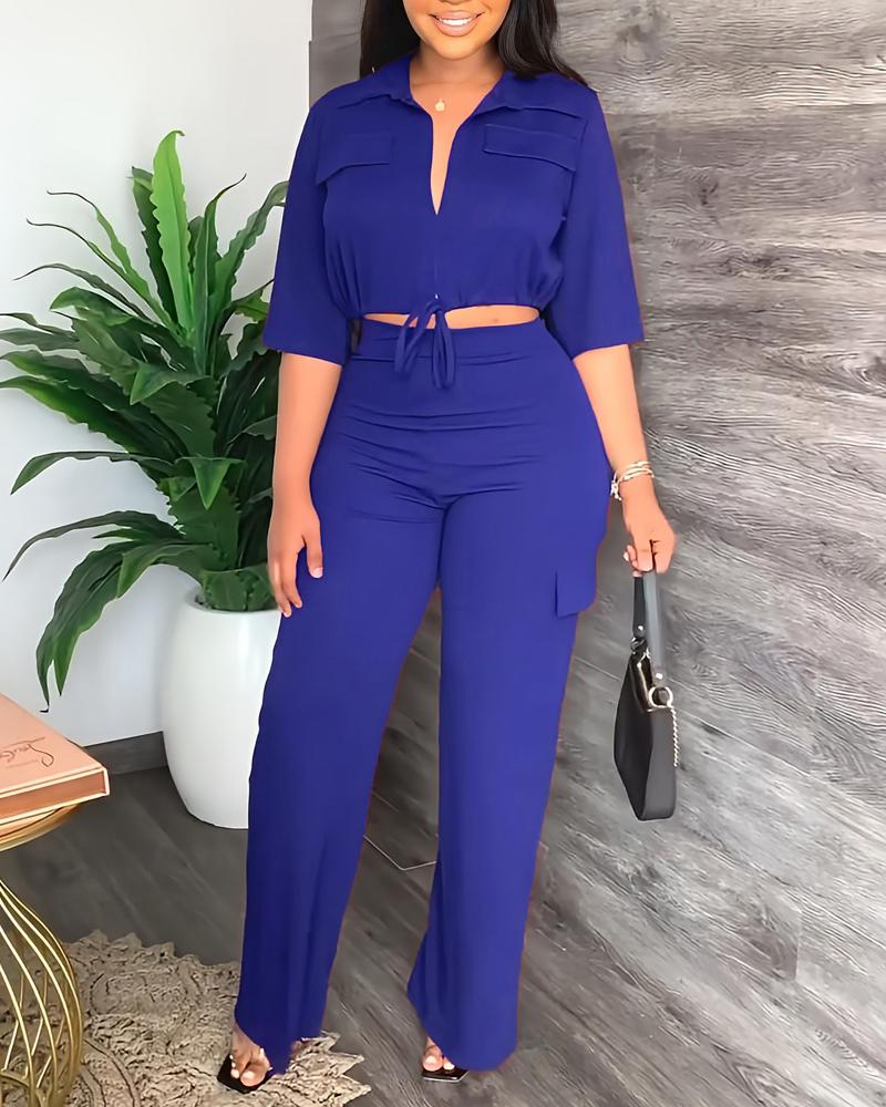 

Flap Detail Drawstring Top & Pants Set, Blue