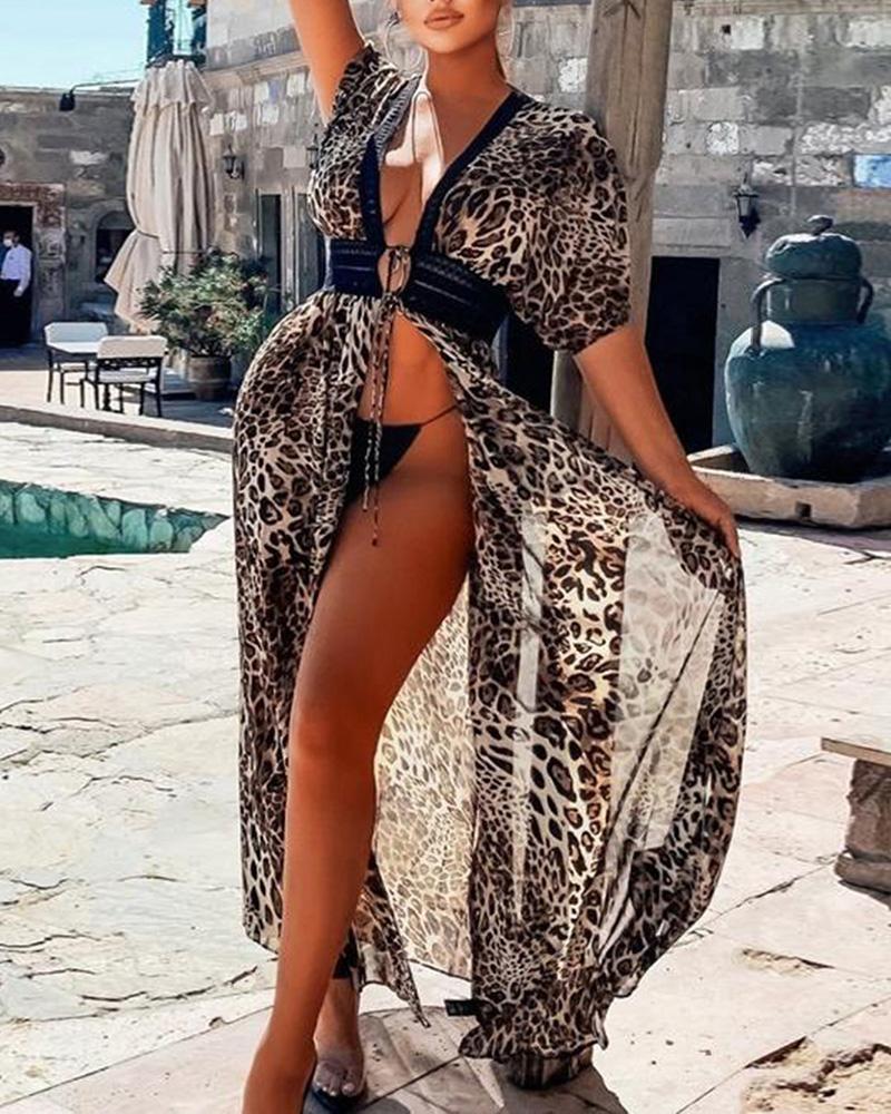 

Cheetah Print Tie Detail Lace Patch Longline Cover Up, Leopard