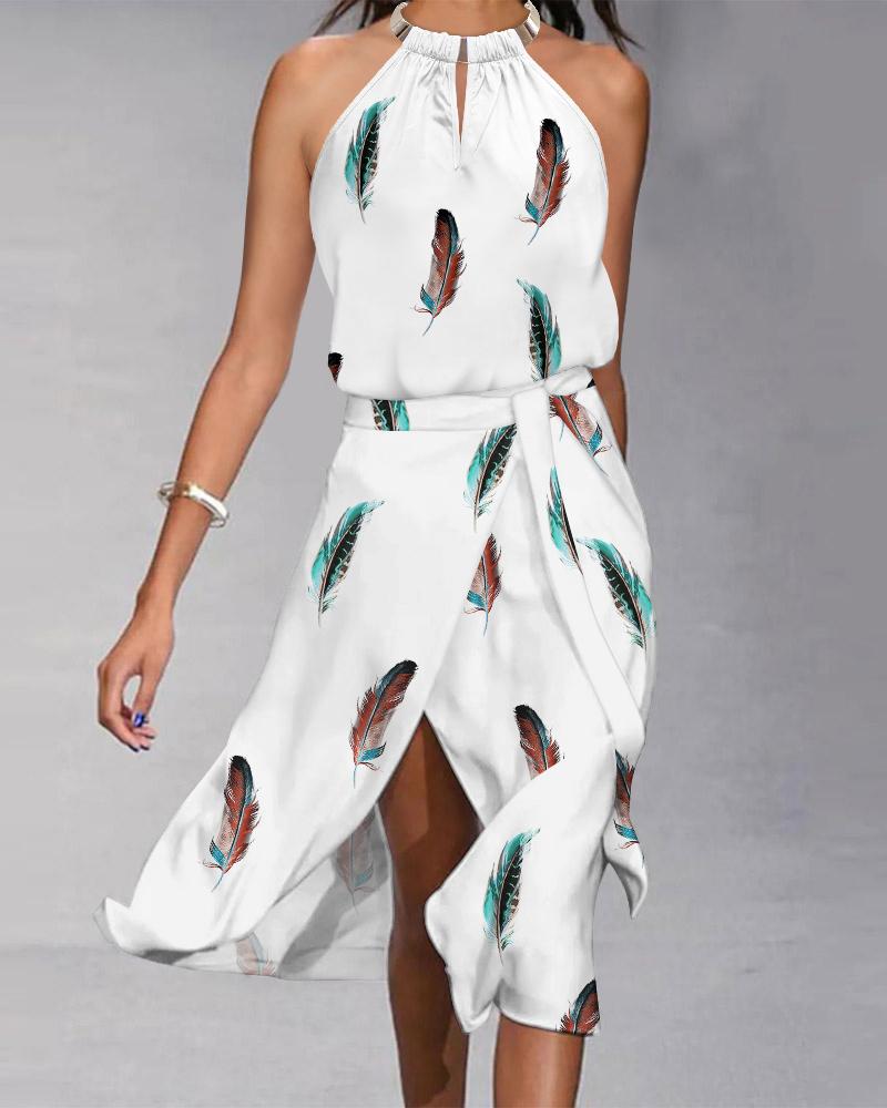 

Feather Print Metal Halter Slit Belted Casual Dress, White