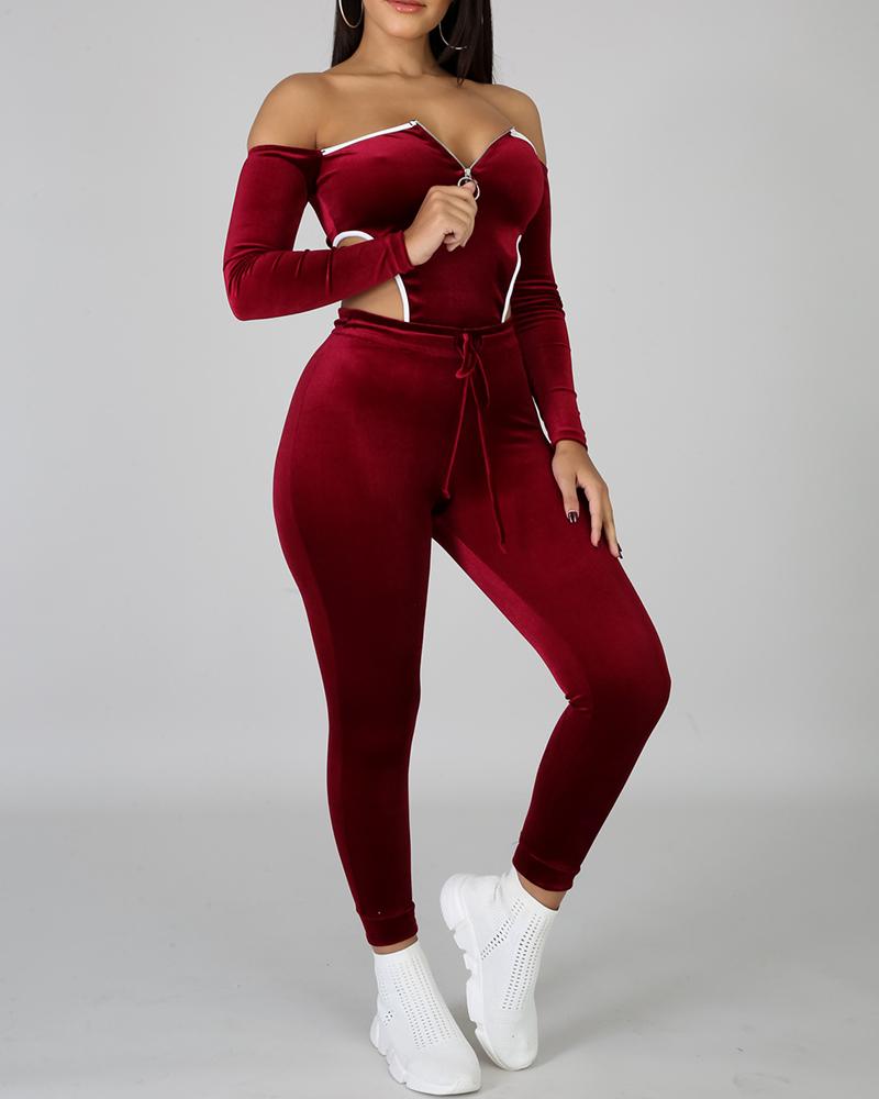

Velvet Zip Front Off Shoulder Bodysuit & Pants Set, Wine red