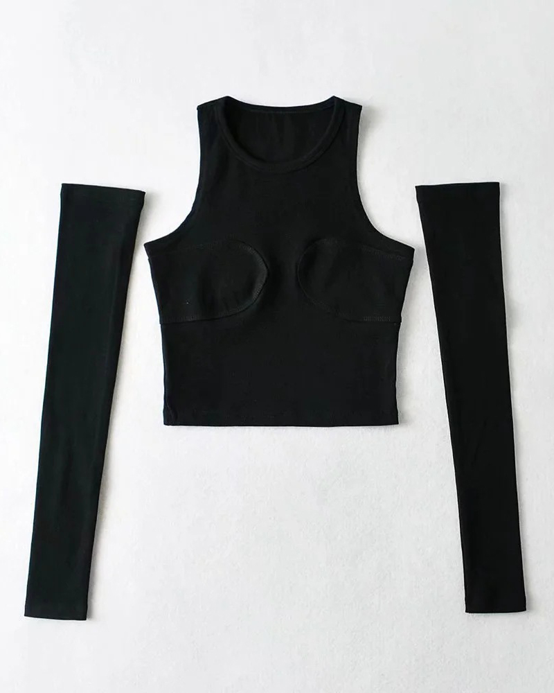 

O Neck Sleeveless Skinny Top With Gloves, Black