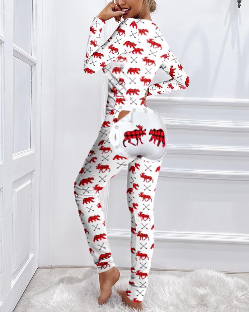 

Christmas Animal Print Long Sleeve Functional Buttoned Flap Pajamas, White