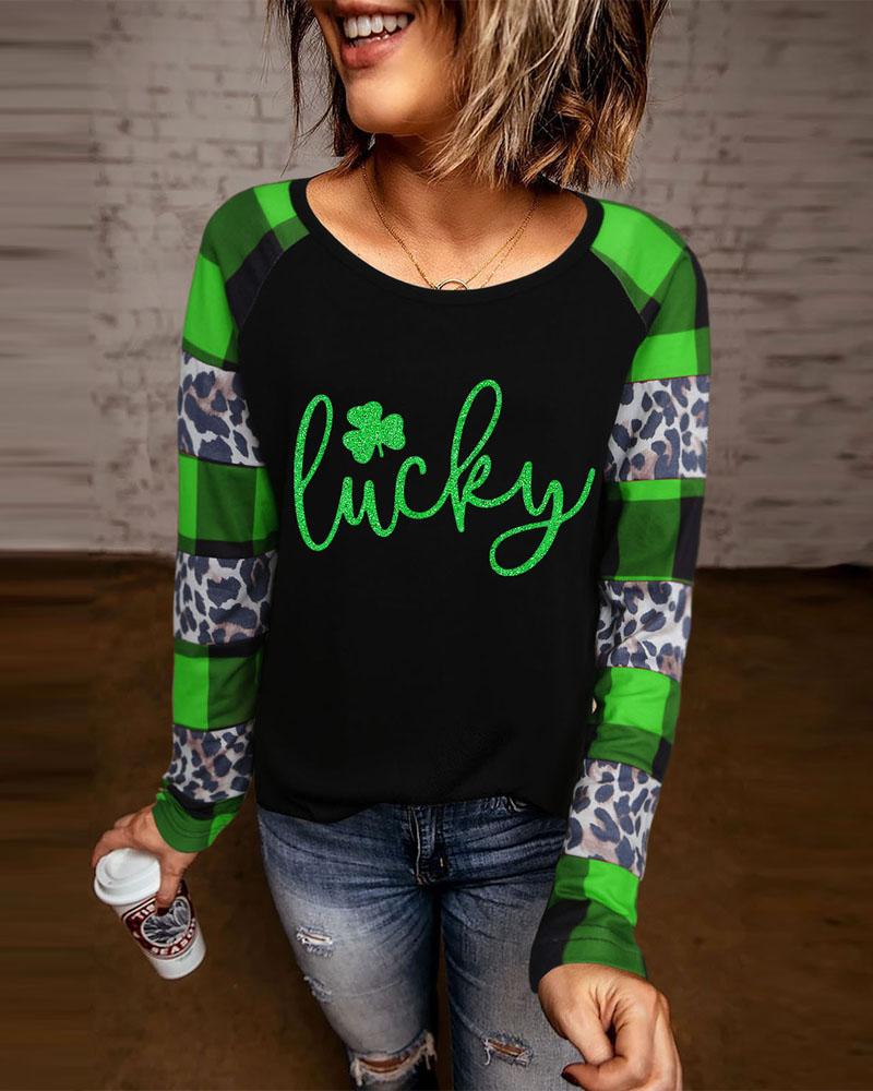 

St. Patrick' Day Lucky Shamrock Plaid Print Casual Top, Black