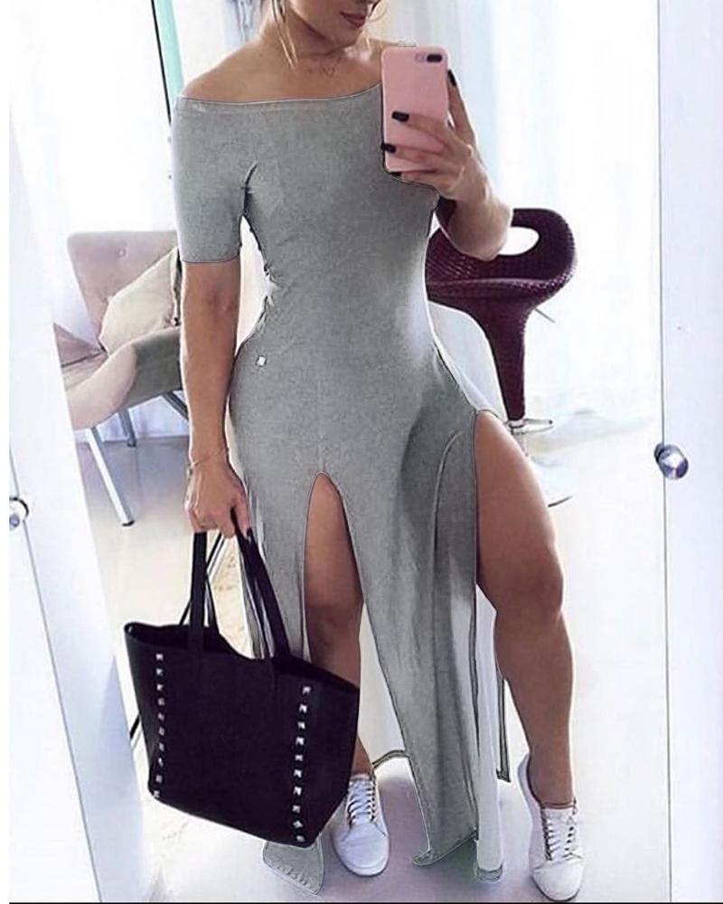 

Off Shoulder High Slit Maxi Dress, Gray
