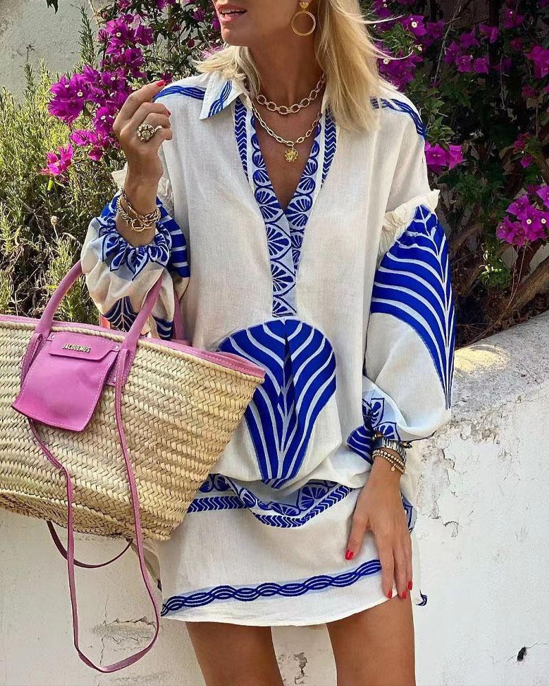 

Tribal Print Lantern Sleeve Casual Shirt Dress, Blue