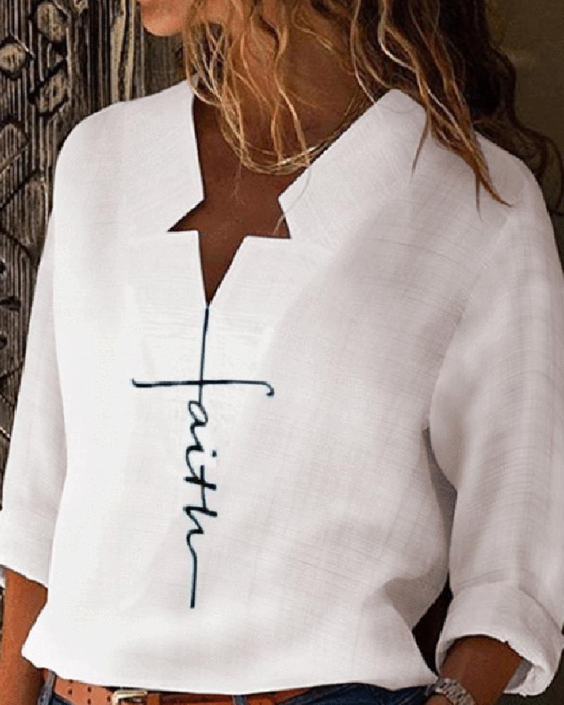 

Asymmetrical Neck Letter Pattern Print Top, White