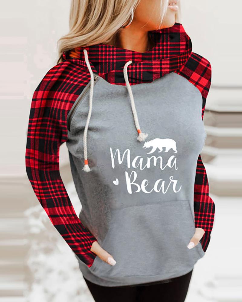 

Letter Print Pocket Design Long Sleeve Plaid Hoodie, Red