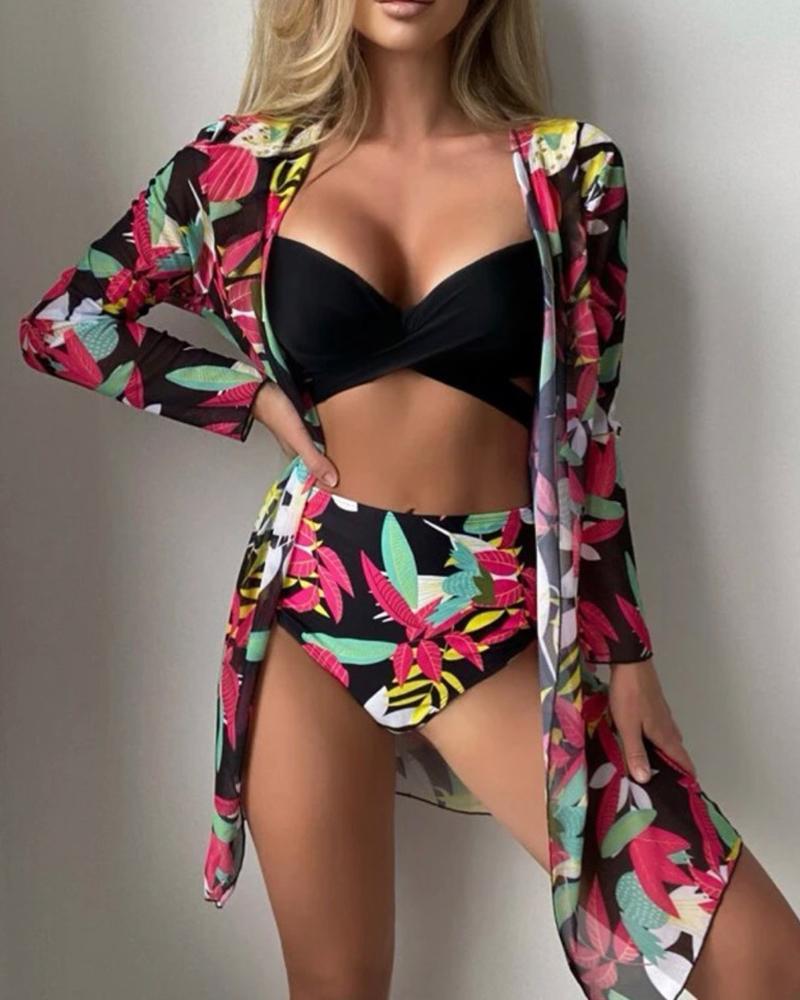 

3PCS Plants Print Crisscross High Waist Bikini Set With Cover Up, Red