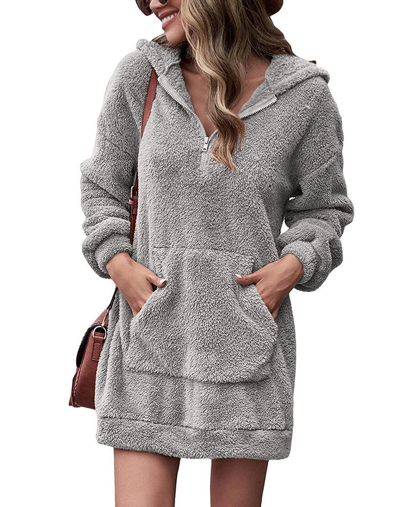 

Fuzzy Pocket Design Hooded Sweatshirt Dress, Gray
