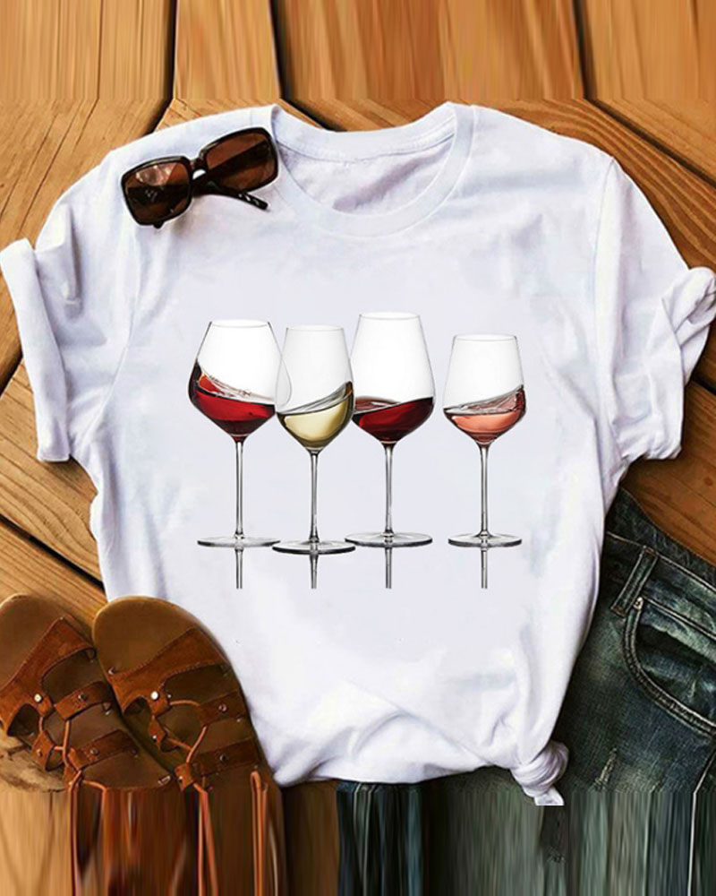 

Wine Glass Print Casual T-shirt, Style2