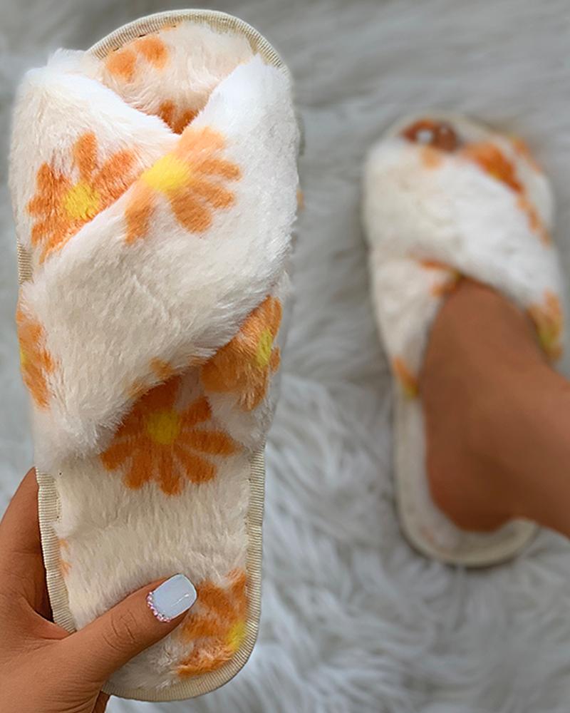 

Floral Print Cross Fluffy Slippers, Orange