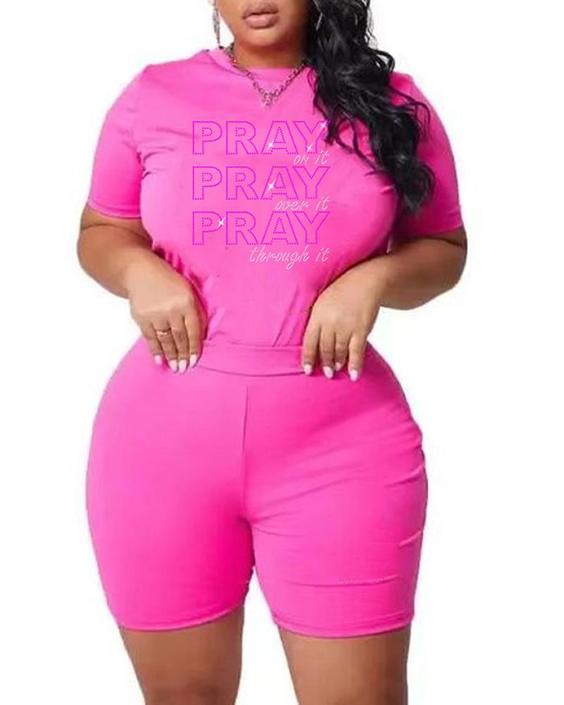 

Rhinestone Letter Pattern T-shirt & High Waist Shorts Set, Pink