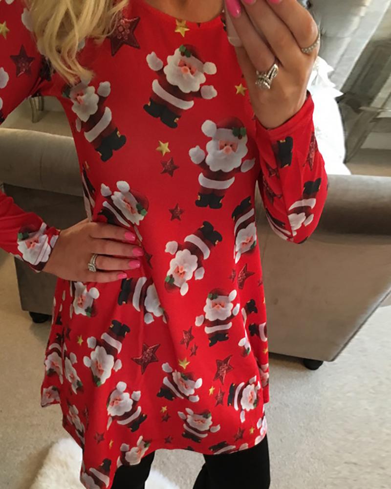 

Christmas Santa Claus Star Print Long Sleeve Dress, Red