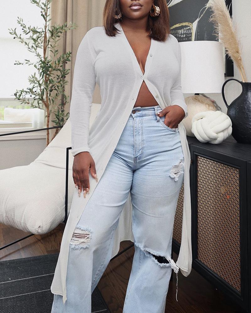 

Long Sleeve Buttoned Longline Coat, White