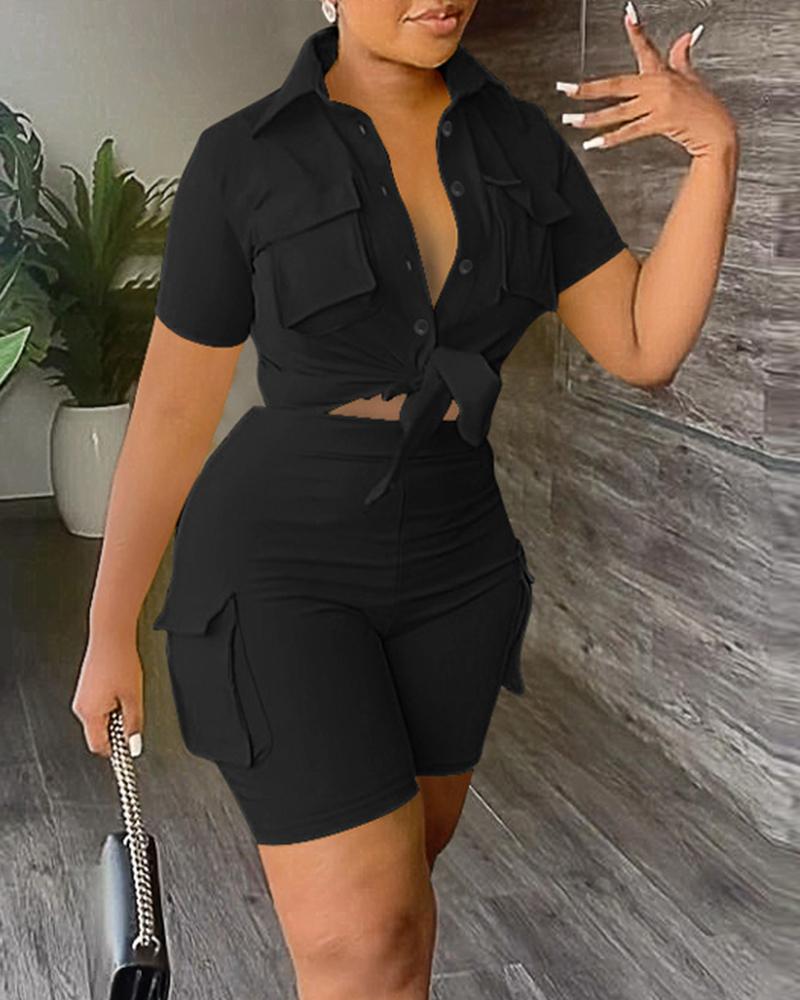 

Buttoned Crop Top & High Waist Shorts Set, Black