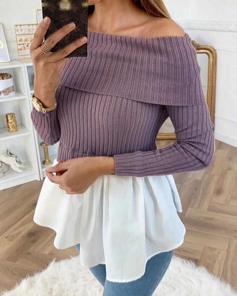 

Off Shoulder Ribbed Long Sleeve Colorblock Insert Ruffles Blouse, Purple