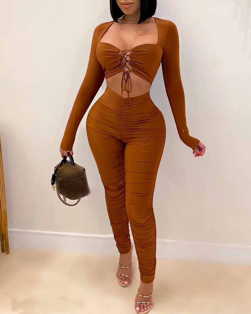 

Ruched Lace-up Top & High Waist Pants Set, Khaki