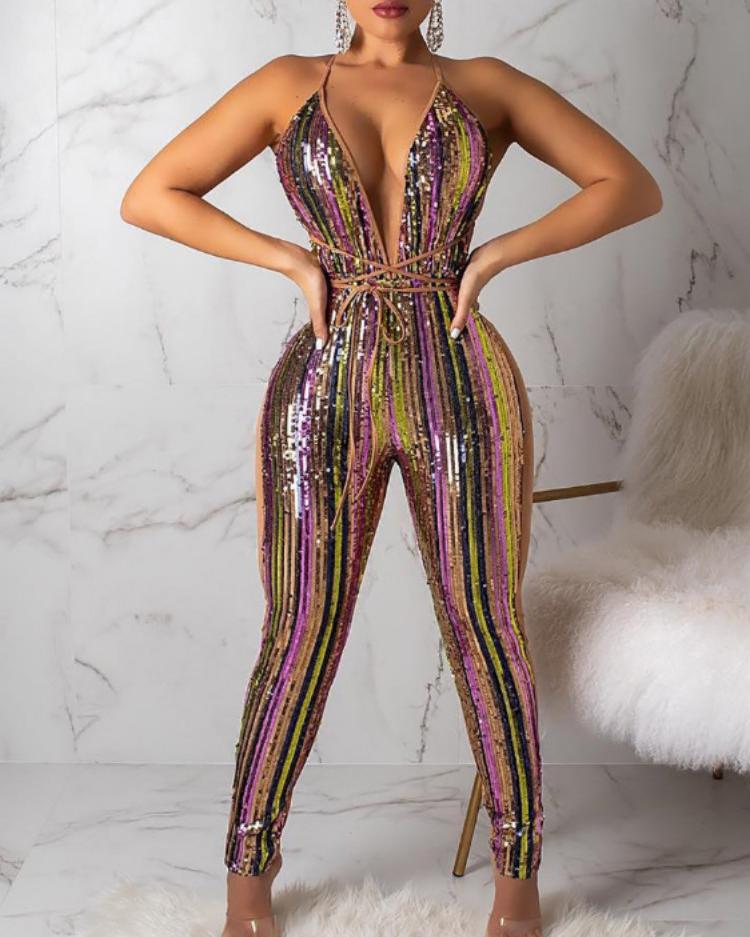 

Shiny Sequins Deep V-Neck Jumpsuits, Pink