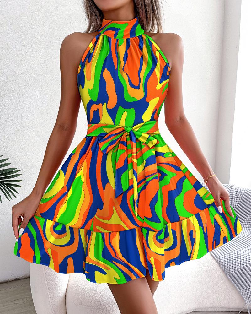 

Multi-Color Abstract Print Ruffles Casual Dress, Orange