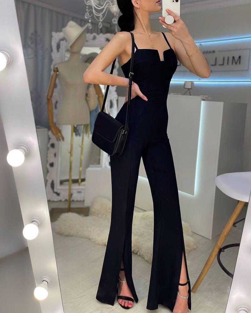 

Spaghetti Strap Slit Skinny Jumpsuit, Black