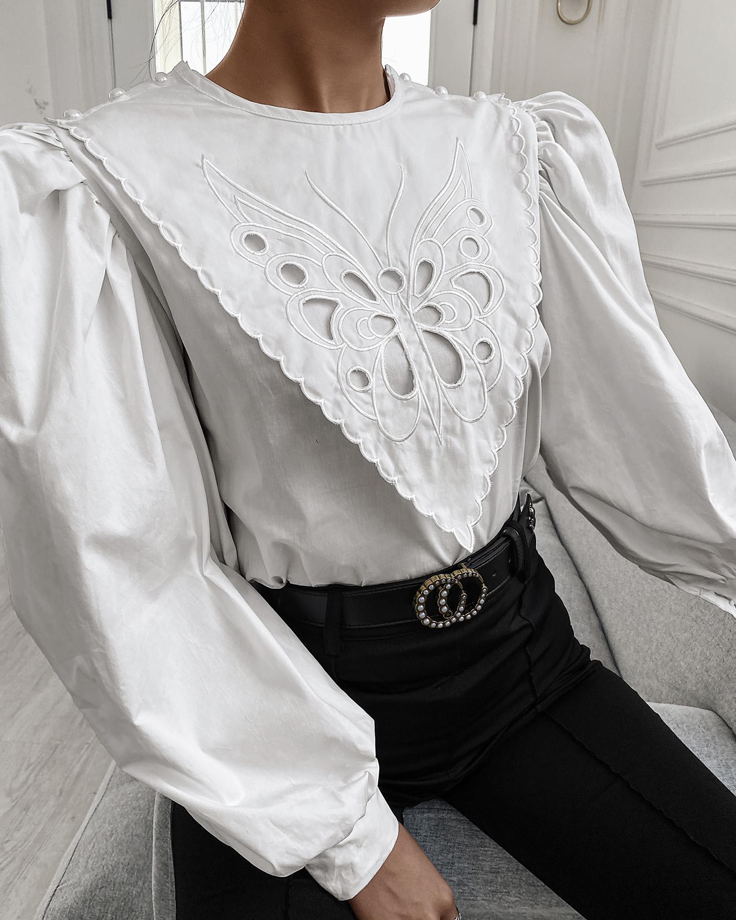 

Puffed Sleeve Embroidery Plain Shirt, White