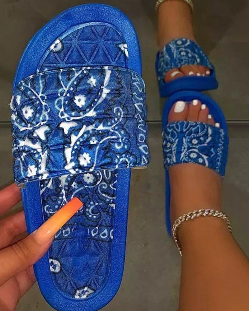 

Paisley Print Open Toe Casual Flat Slippers, Blue