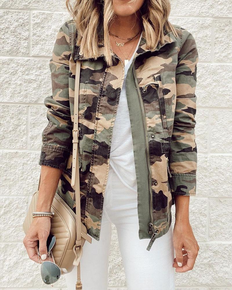 

Camouflage Print Long Sleeve Buttoned Zip Up Coat, Green