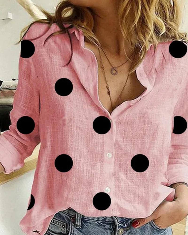 

Polkadot Print Long Sleeve Casual Shirt, Pink