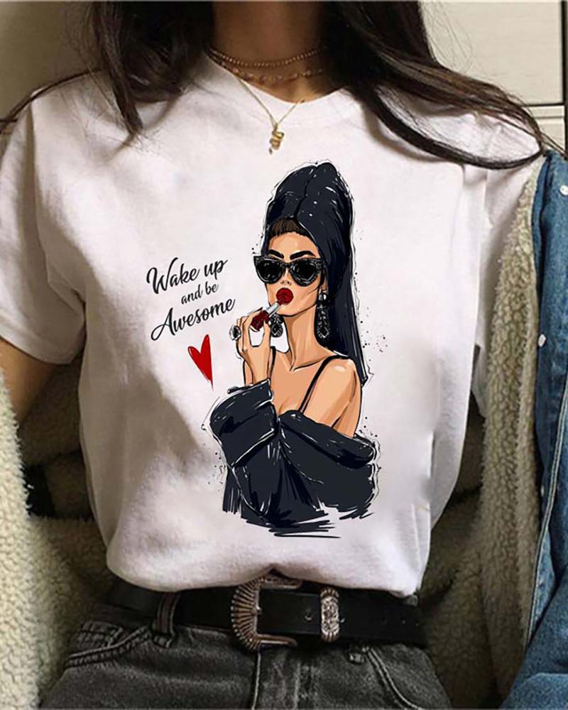 

Figure Graphic Letter Print Short Sleeve Casual T-shirt, Style3