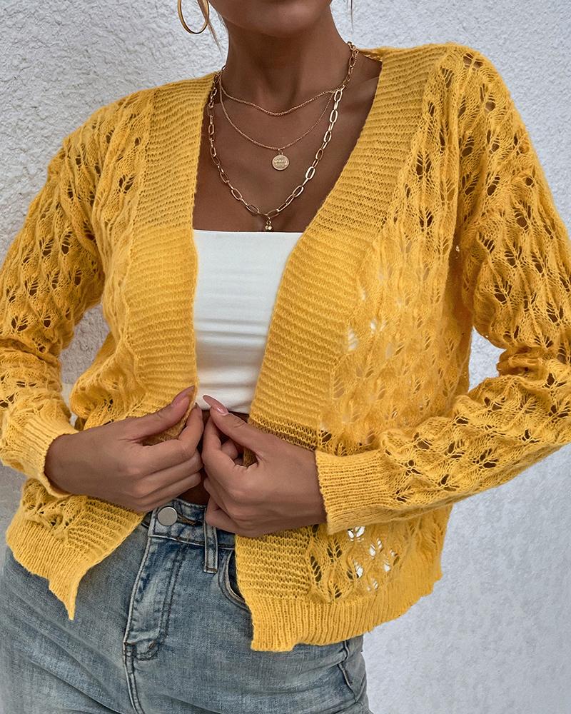 

Long Sleeve Hollow-out Knit Cardigan, Yellow