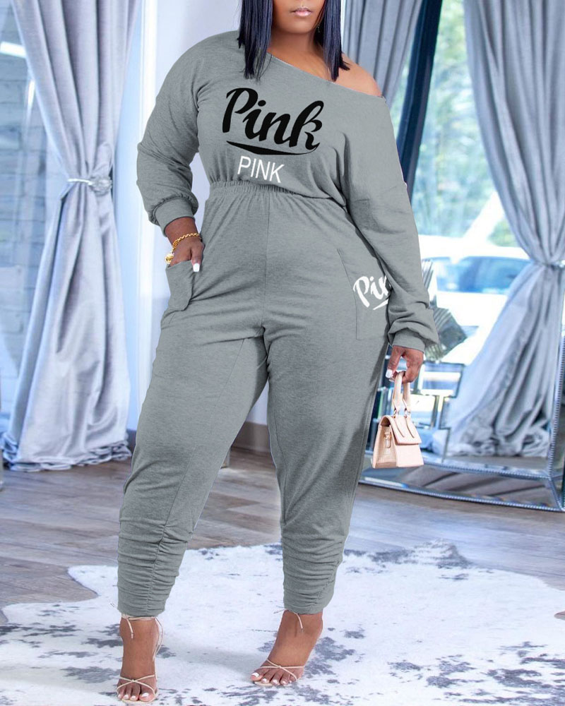 

Letter Print Long Sleeve Top & Pocket Pants Set, Gray