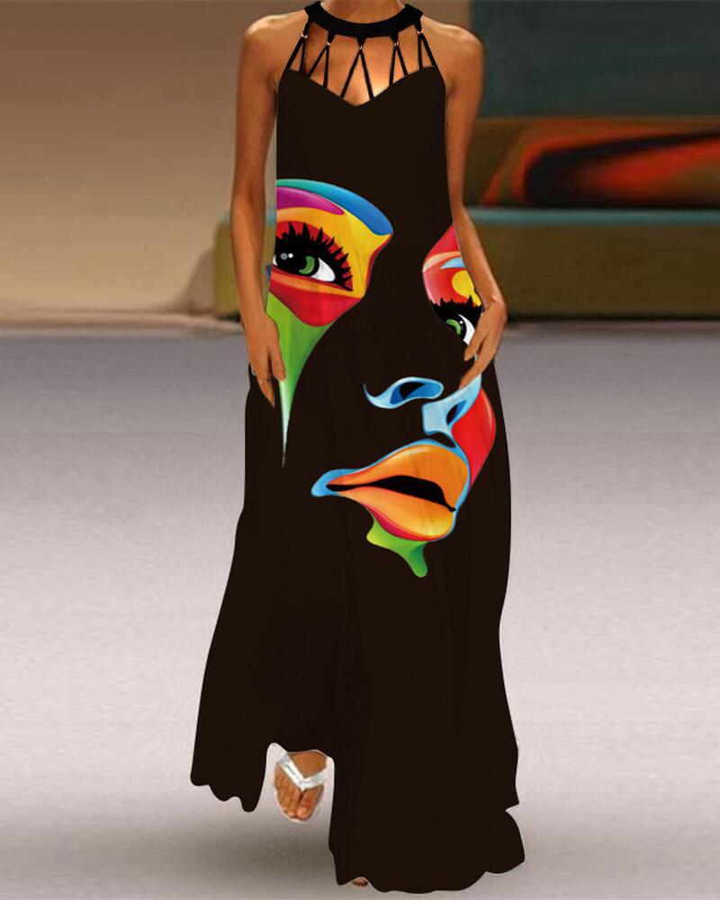 Abstract Figure Print Hollow Out Maxi Dress