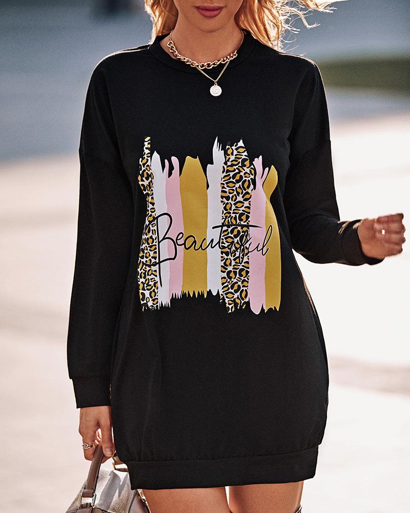 

Letter Graphic Print Long Sleeve Sweatshirt Dress, Black