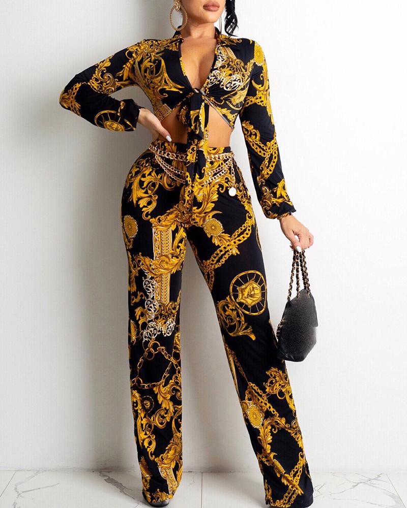 

Baroque Print Knotted Crop Top & High Waist Pants Set, Yellow