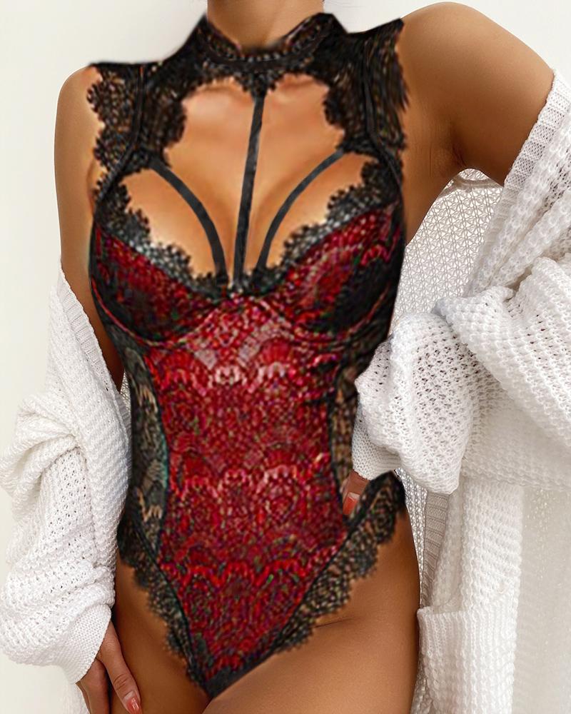 

Alluring Lace Mesh Padded Lingerie Bodysuit, Red