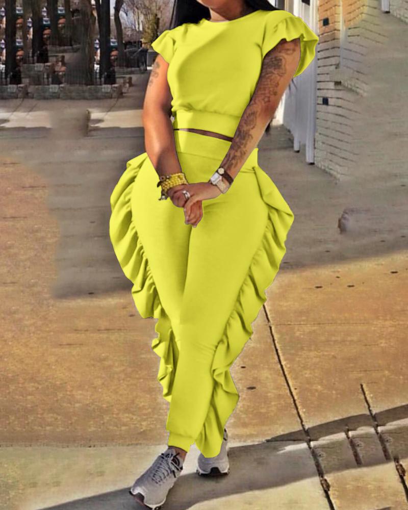 

Ruffle Hem Top & High Waist Pants Set, Yellow