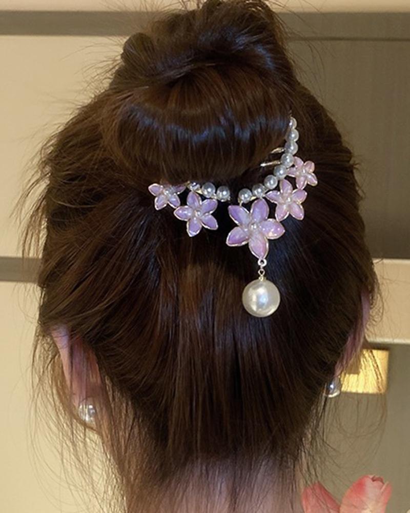 

1pc Floral Pattern Faux Pearls Beaded Hair Clip, Purple