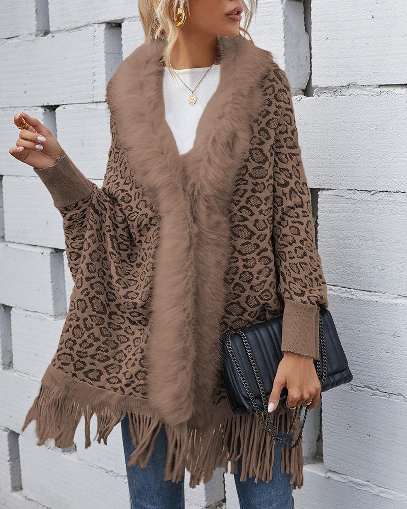 

Cheetah Print Tassel Design Fluffy Detail Cape Coat, Dark brown