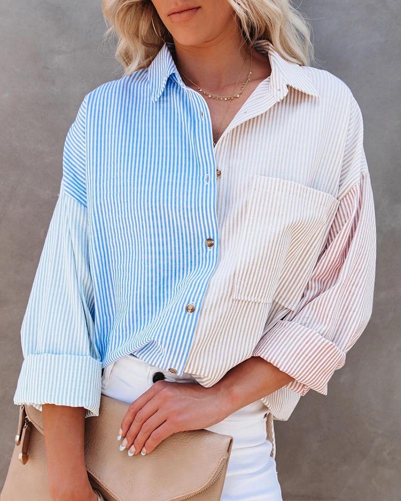

Striped Print Colorblock Buttoned Pocket Design Shirt, Blue