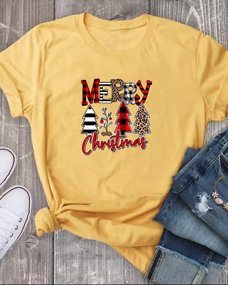 

Christmas Print Short Sleeve Casual T-Shirt, Yellow