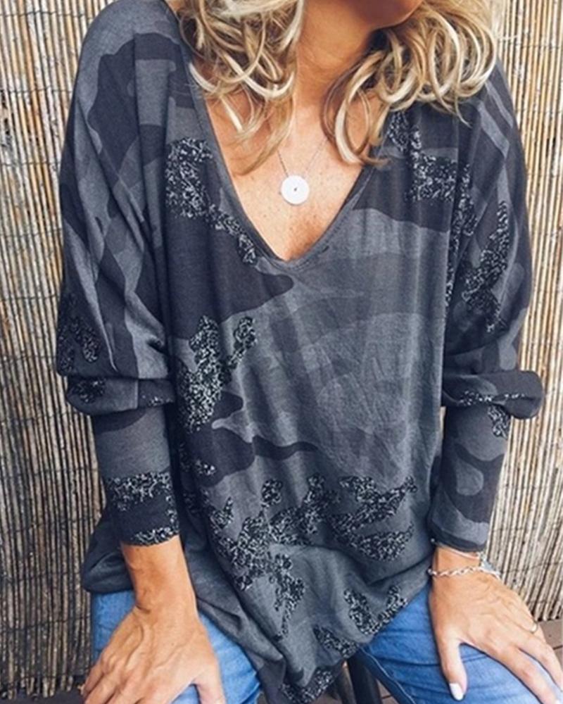 

Plus Size Camouflage Print Long Sleeve Top, Black
