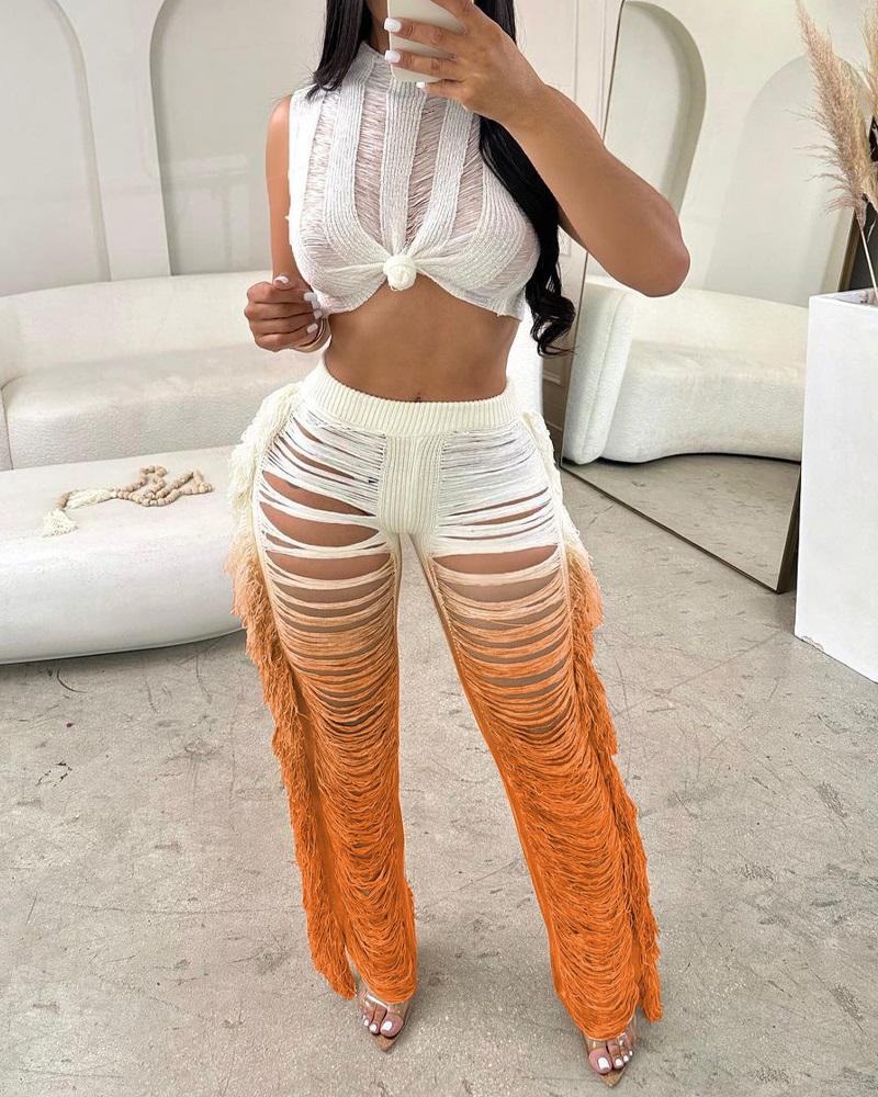 

Hollow Out Top & Ombre Tassel Design Pants Set, Orange