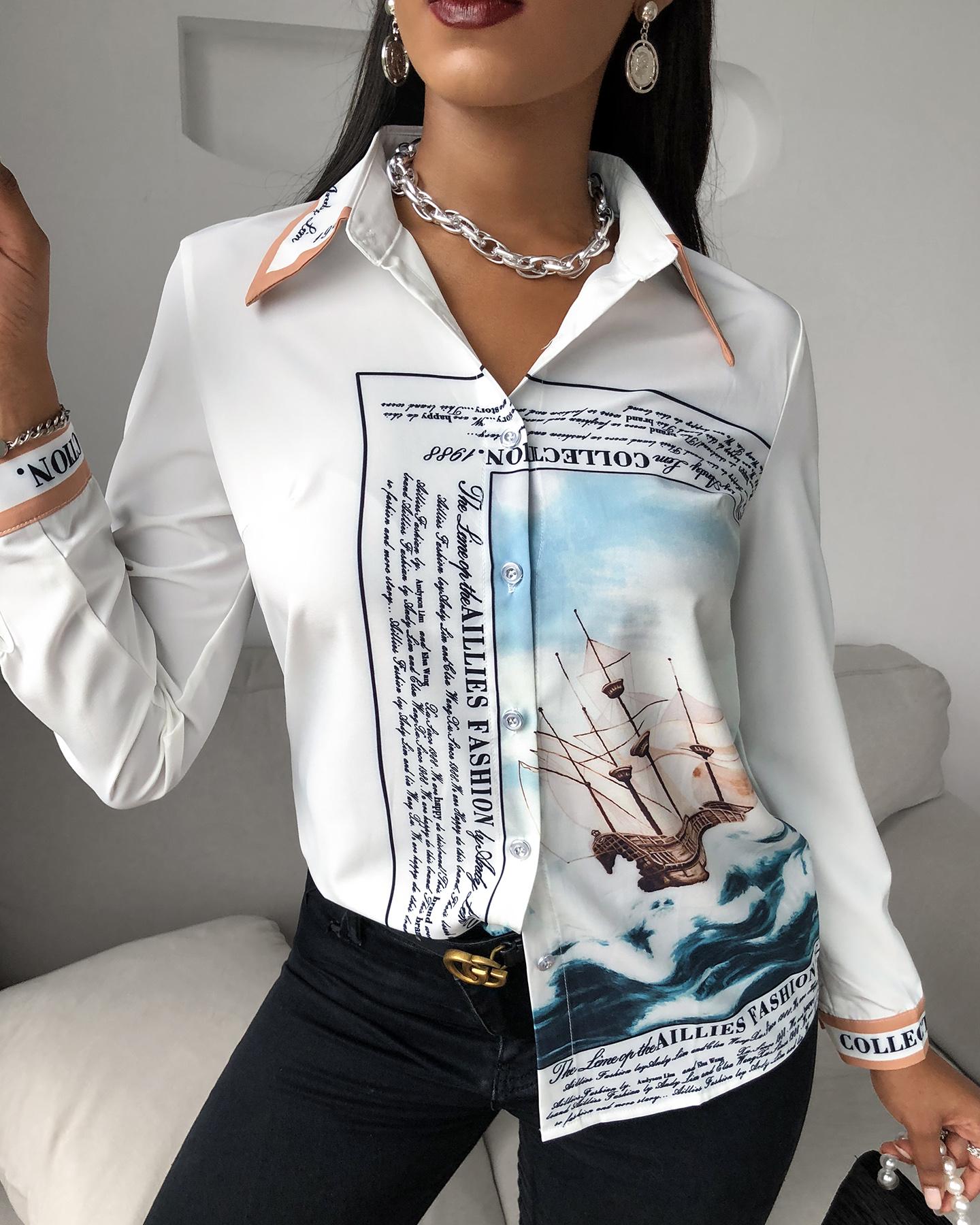 

Letter Boat Print Long Sleeve Shirt, White