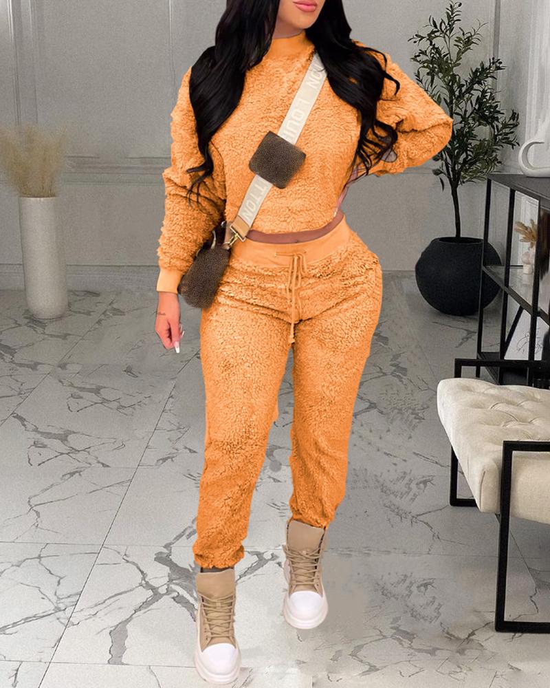 

Long Sleeve Fluffy Top & Drawstring Pants Set, Orange
